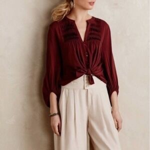 Maeve by Anthropologie Pintuck Peasant Blouse Maroon Size 8